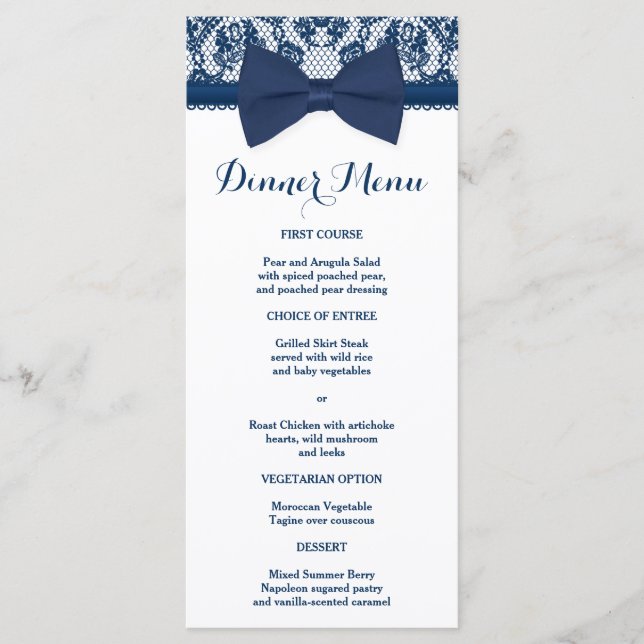 Navy Blue & White Lace Bow Slim Dinner Menu (Front)
