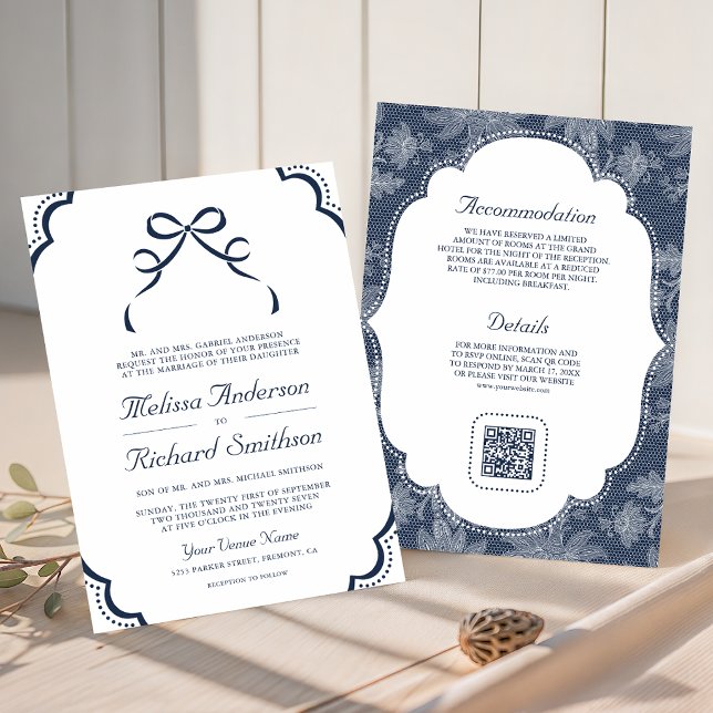Navy Blue White Lace Coquette Bow QR Code Wedding Invitation (Creator Uploaded)