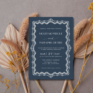 Navy Blue White Lace Old Money Elegant Wedding Invitation