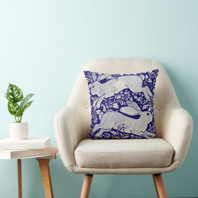 Navy Blue White Leaping Rabbit Hare Chinoiserie Throw Pillow (Chair)