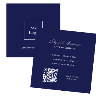 Navy blue white logo QR code elegant Square Business Card