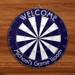 Navy Blue White Man Cave Pub Game Night Dorm Room Dartboard<br><div class="desc">Create your own custom, personalized, fun, cool, stylish, navy blue and white colour, white font / typography / script / text, regulation size (18"diameter, 1"h) aluminum frame metal cage dart board. Comes with 6 brass darts (3 American flag dart flights and 3 UK dart flights). You may mount it anywhere...</div>