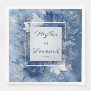 Navy Blue White Marble Floral Winter Wedding Napkin