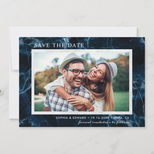 Navy Blue White Marble Save the Date Photo Card (Front)