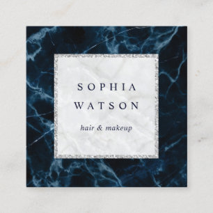 Navy Blue White Marble Square Business Card