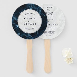 Navy Blue White Marble Wedding Program Hand Fan