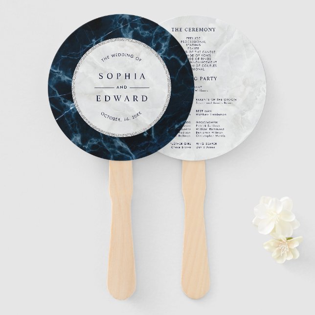 Navy Blue White Marble Wedding Program Hand Fan (Front and Back)