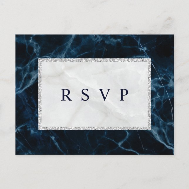 Navy Blue White Marble Wedding RSVP Invitation Postcard (Front)