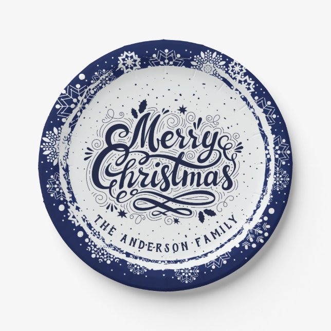 Navy Blue & White Minimal Elegant Merry Christmas Paper Plate (Front)