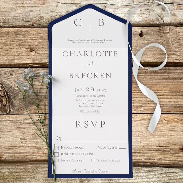 Navy Blue & White Minimal Monogram Dinner All In One Invitation (Creator Uploaded)