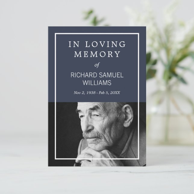 Navy Blue White Minimal Photo Prayer Card (Standing Front)