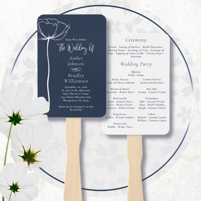 Navy Blue White Minimal Simple Floral Program Hand Fan (Creator Uploaded)