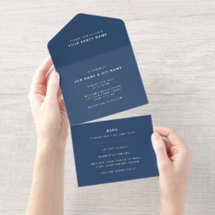 Navy Blue White Minimalist Modern Elegant Foil All In One Invitation
