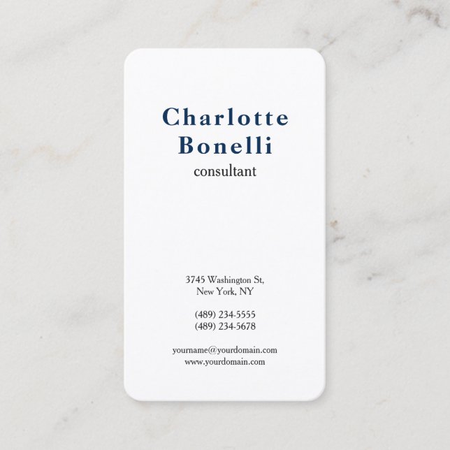 Navy Blue White Modern Minimalist Professional Business Card (Front)