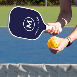 Navy Blue White Modern Monogram Pickleball Paddle