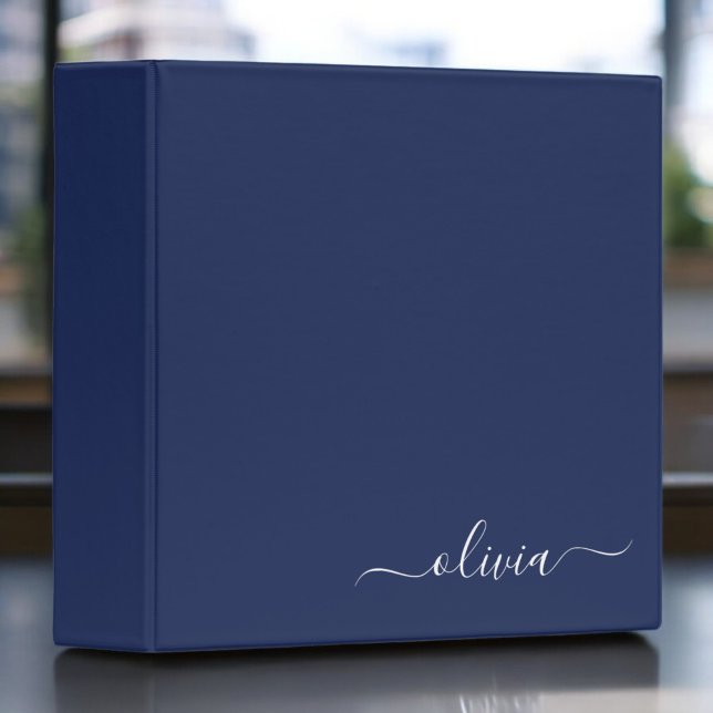 Navy Blue White Modern Script Girly Monogram Name Binder (Creator Uploaded)