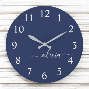 Navy Blue White Modern Script Girly Monogram Name Large Clock