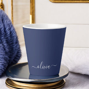 Navy Blue White Modern Script Girly Monogram Name Latte Mug