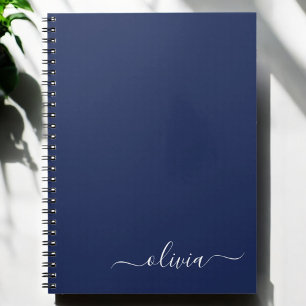 Navy Blue White Modern Script Girly Monogram Name Notebook