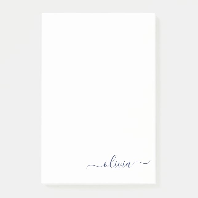 Navy Blue White Modern Script Girly Monogram Name Post-it Notes (Front)