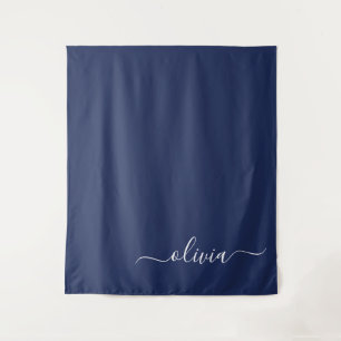Navy Blue White Modern Script Girly Monogram Name Tapestry