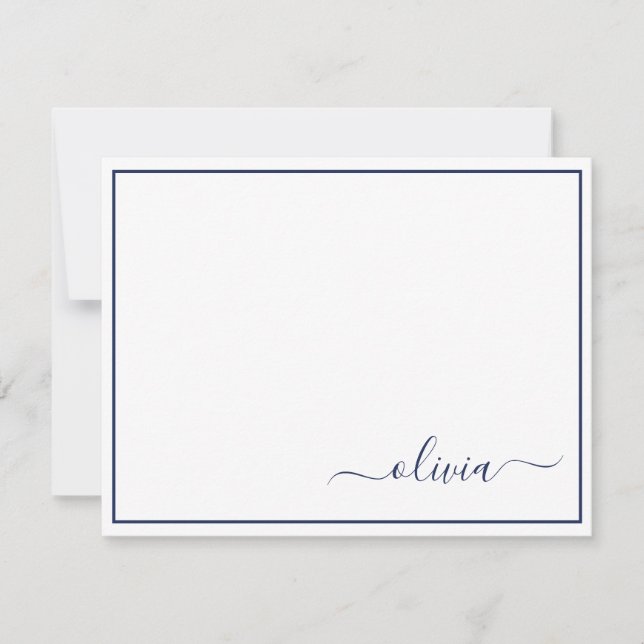 Navy Blue White Modern Script Girly Monogram Name Thank You Card (Front)