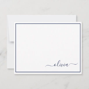 Navy Blue White Modern Script Girly Monogram Name Thank You Card