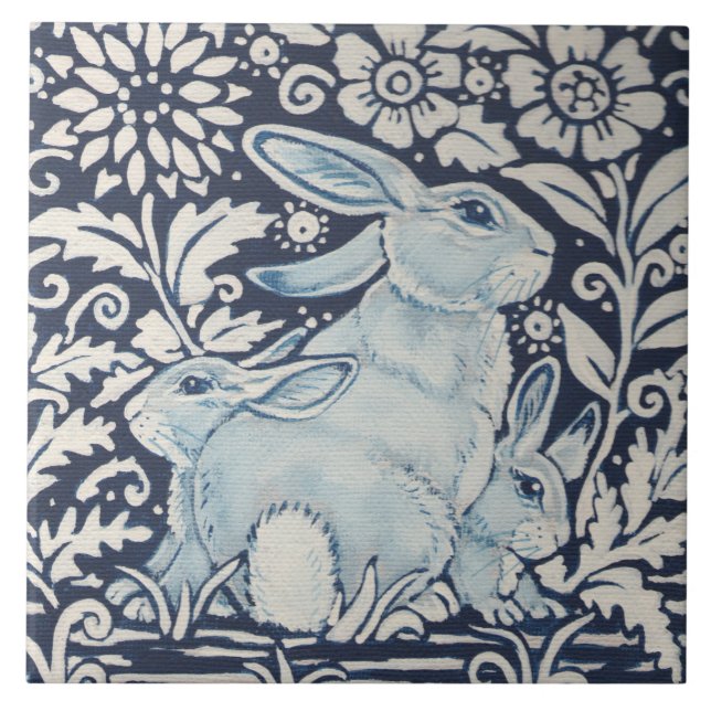 Navy Blue White Mommy & Baby Rabbit Spring Floral Tile (Front)