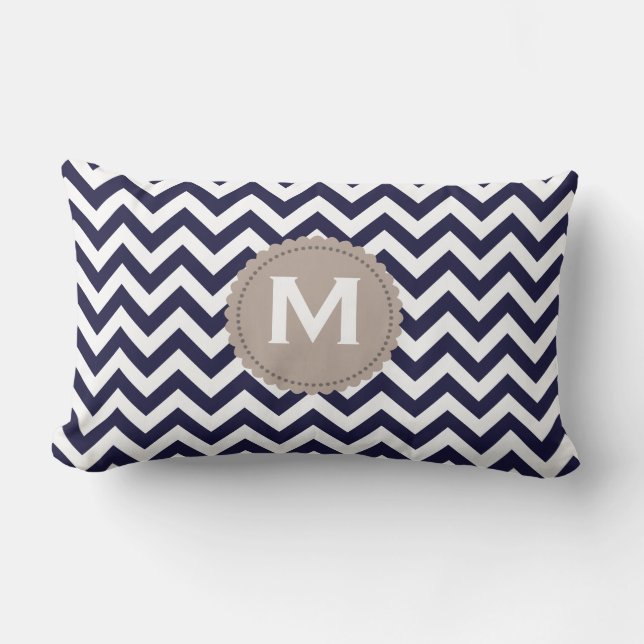Navy Blue White Monogram Chevron Pattern Lumbar Pillow (Front)