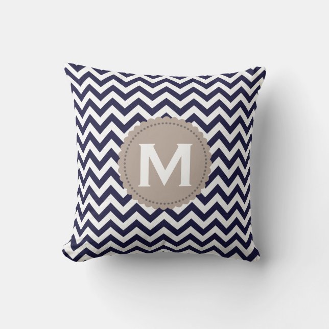 Navy Blue White Monogram Chevron Pattern Throw Pillow (Front)