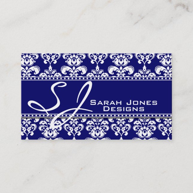 Navy Blue White Monogram Damask Business Cards (Front)