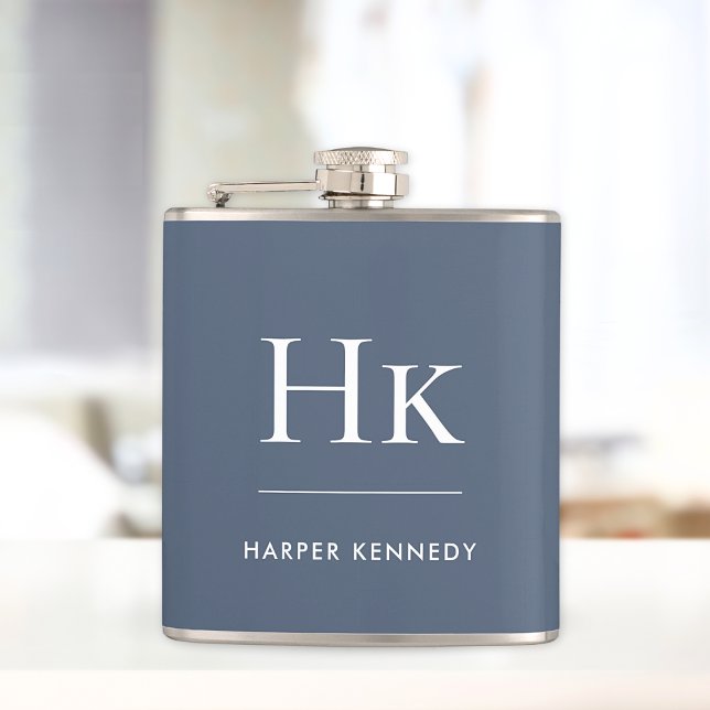 Navy Blue White Monogram Elegant Personalized  Hip Flask (Creator Uploaded)