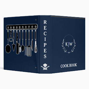 Navy Blue White   Monogram Initial Recipe Cookbook Binder