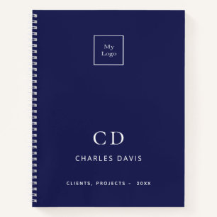 Navy blue white monogram initials business logo notebook