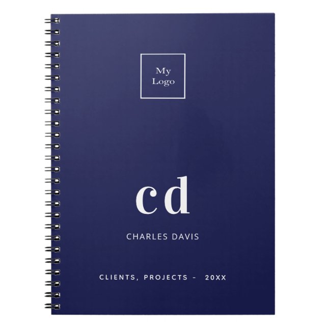 Navy blue white monogram initials business logo notebook (Front)