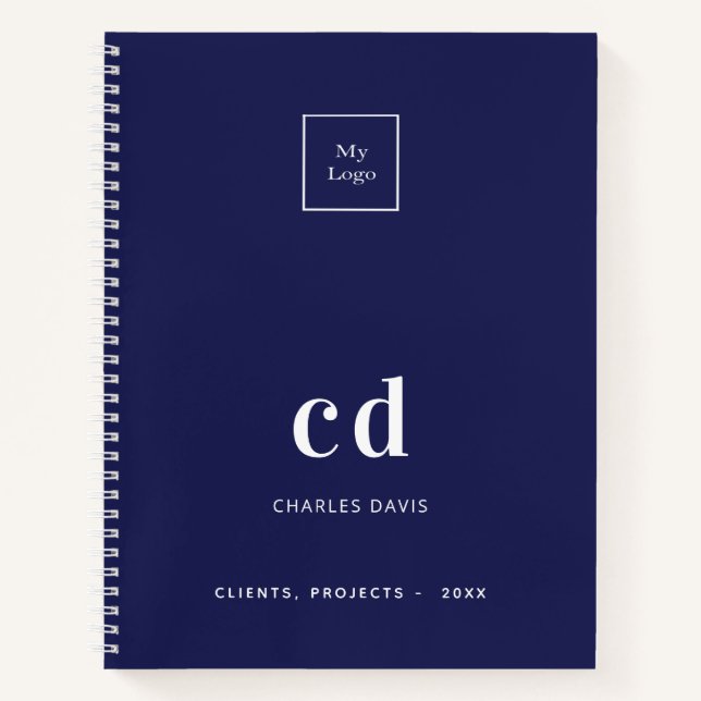 Navy blue white monogram initials business logo notebook (Front)