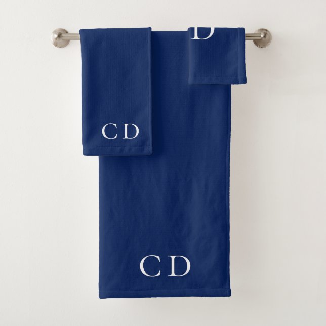 Navy blue white monogram initials minimalist bath towel set (Insitu)