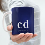Navy blue white monogram initials name coffee mug<br><div class="desc">A navy blue background. The blue colour is uneven. Personalize and add a name and monogram initials (x3). The name is written in white with modern block letters.</div>
