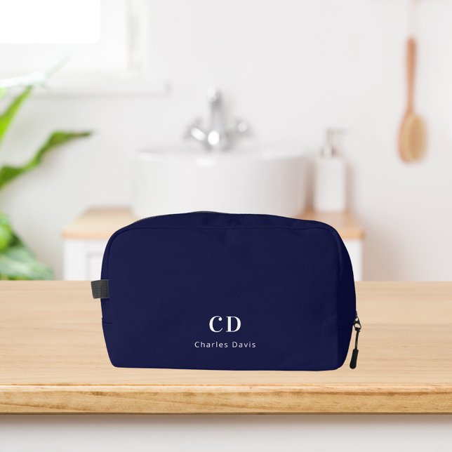 Navy blue white monogram initials name dopp kit (Creator Uploaded)