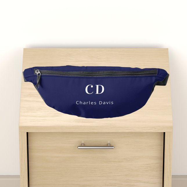Navy blue white monogram initials name fanny pack (Creator Uploaded)