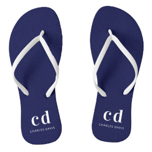 Navy blue white monogram initials name flip flops