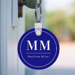 Navy blue white monogram initials name minimalist  keychain<br><div class="desc">A navy blue background,  white text. With a white frame. Personalize and add your monogram initials and name.  For both him and her.</div>