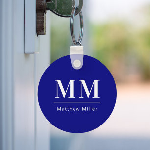 Navy blue white monogram initials name minimalist keychain