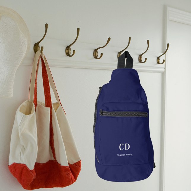 Navy blue white monogram initials name sling bag (Creator Uploaded)