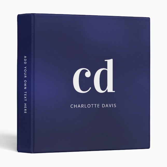 Navy blue white monogram initials school office binder (Front/Spine)