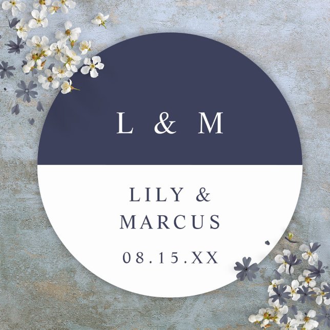 Navy Blue White Monogram Minimalist Wedding Favour Classic Round Sticker (Creator Uploaded)