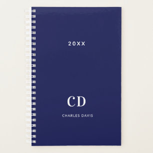 Navy blue white monogram name 2022 planner