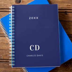 Navy blue white monogram name 2022 planner