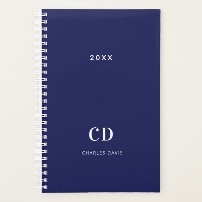 Navy blue white monogram name 2026 planner (Front)