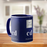 Navy blue white monogram name business logo mug<br><div class="desc">A navy blue background. The blue colour is uneven. Personalize and add your business logo,  a name and monogram initials (x3). The name is written in white with modern block letters.</div>